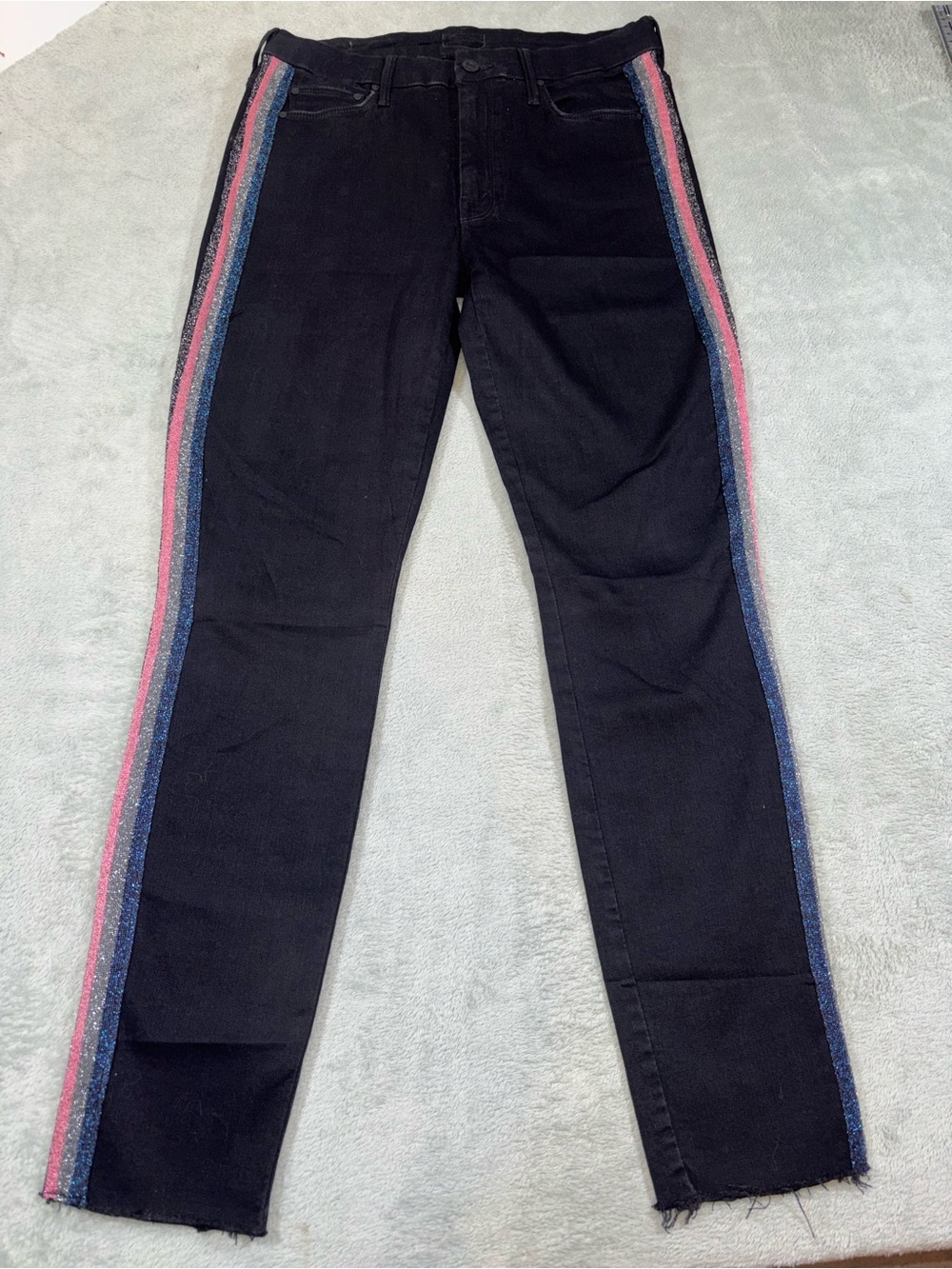 MOTHER High Waisted Looker Ankle Fray Guilty Glitter Racer Jeans 29